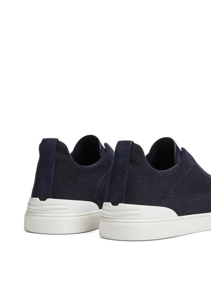 Zegna Triple Stitch Cashmere-Blend Sneakers in Navy Blue, angle — The Quiet Edition