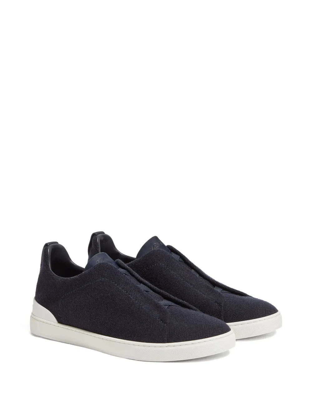 Zegna Triple Stitch Cashmere-Blend Sneakers in Navy Blue, back — The Quiet Edition