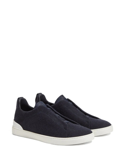 Zegna Triple Stitch Cashmere-Blend Sneakers in Navy Blue, back — The Quiet Edition