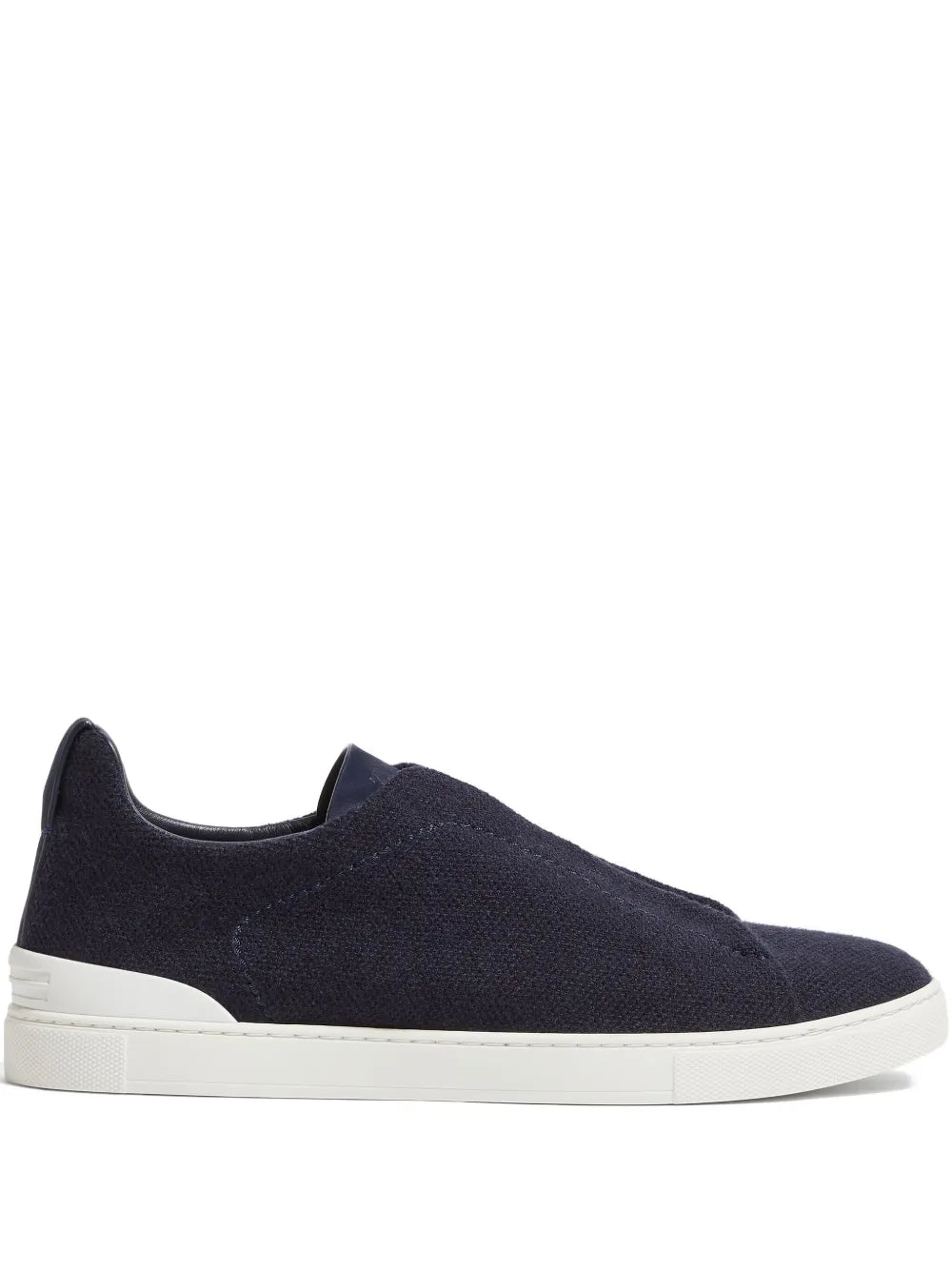 Zegna Triple Stitch Cashmere-Blend Sneakers in Navy Blue, front — The Quiet Edition