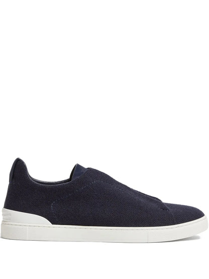 Zegna Triple Stitch Cashmere-Blend Sneakers in Navy Blue, front — The Quiet Edition