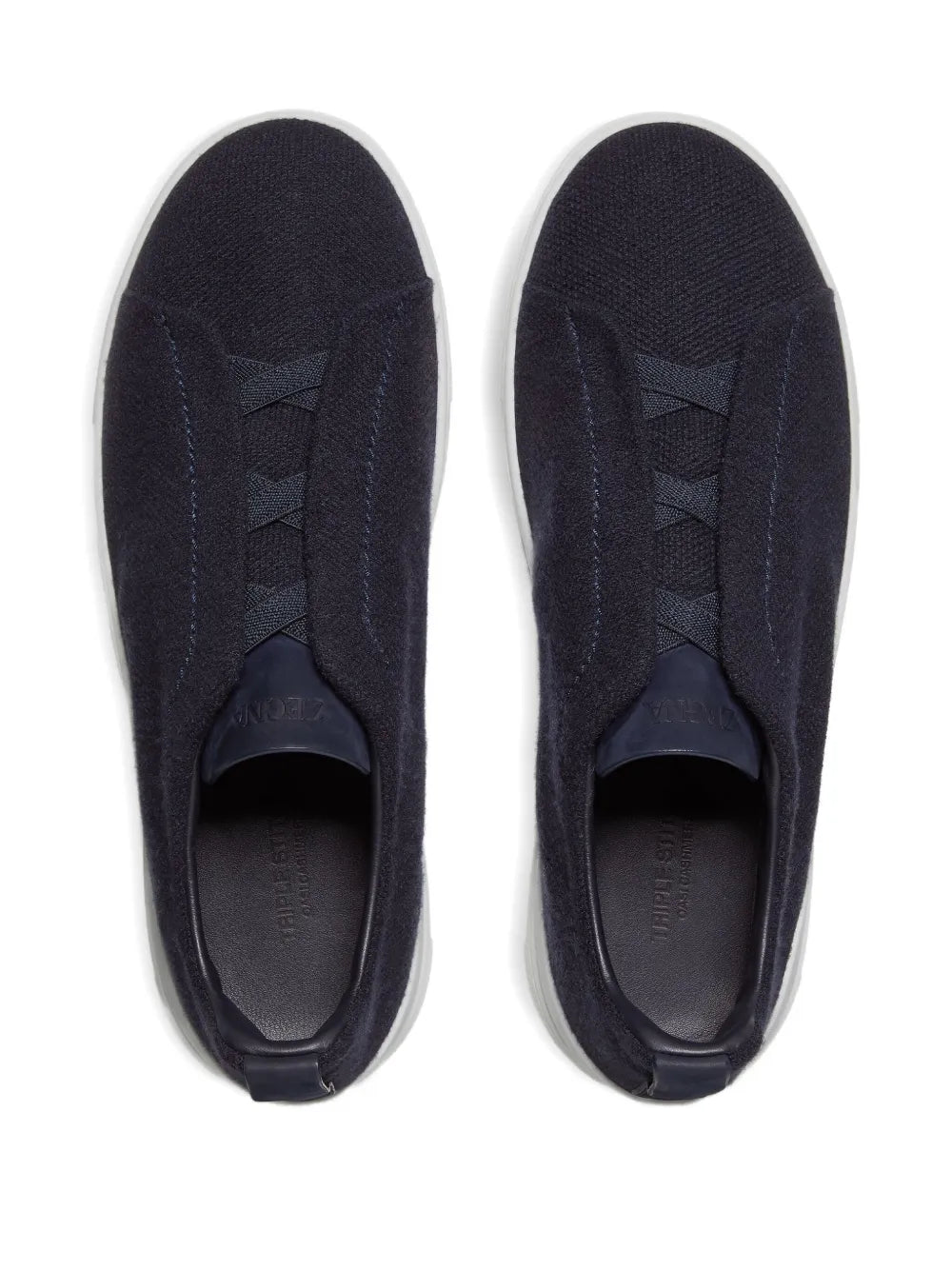 Zegna Triple Stitch Cashmere-Blend Sneakers in Navy Blue, side — The Quiet Edition