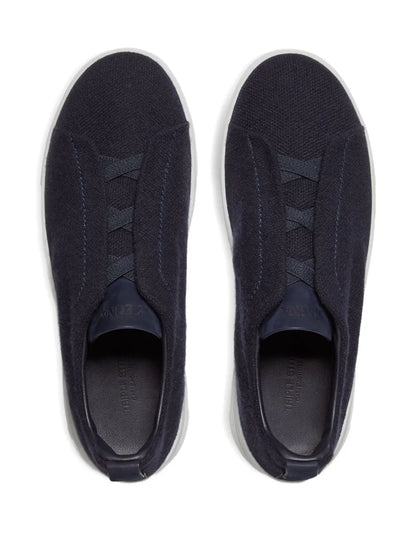 Zegna Triple Stitch Cashmere-Blend Sneakers in Navy Blue, side — The Quiet Edition