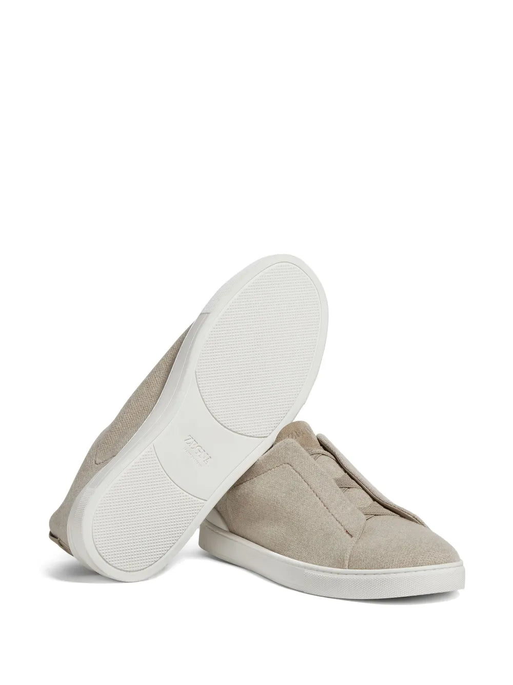 Zegna Triple Stitch Cashmere-Blend Sneakers in Taupe Grey, angle — The Quiet Edition