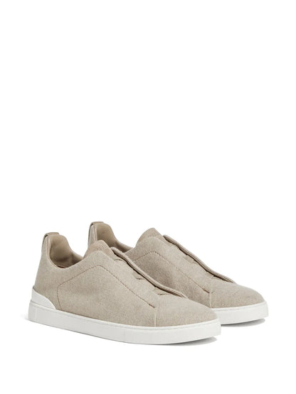 Zegna Triple Stitch Cashmere-Blend Sneakers in Taupe Grey, back — The Quiet Edition