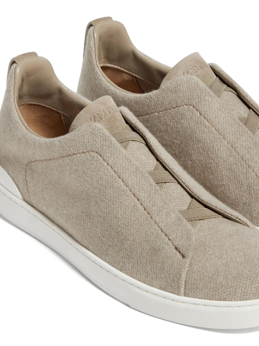 Zegna Triple Stitch Cashmere-Blend Sneakers in Taupe Grey, detail — The Quiet Edition