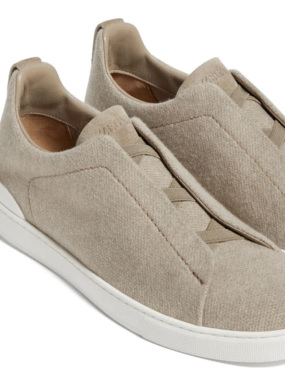 Zegna Triple Stitch Cashmere-Blend Sneakers in Taupe Grey, detail — The Quiet Edition