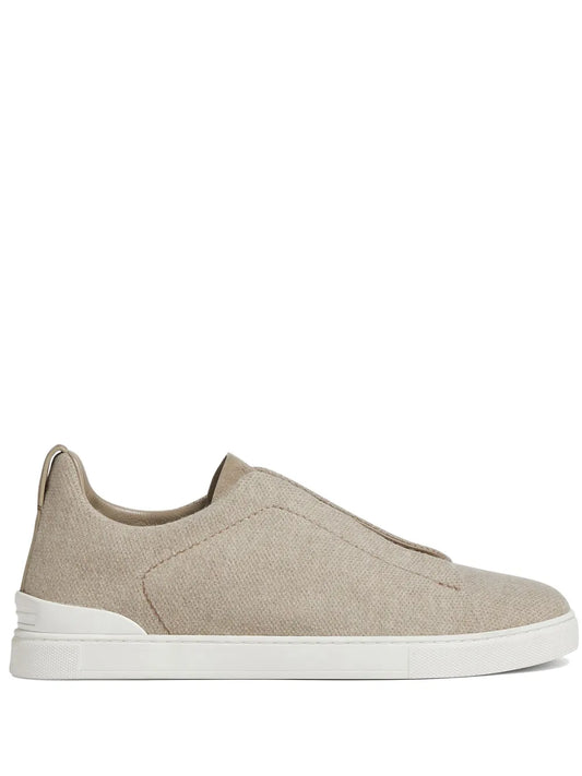 Zegna Triple Stitch Cashmere-Blend Sneakers in Taupe Grey, front — The Quiet Edition