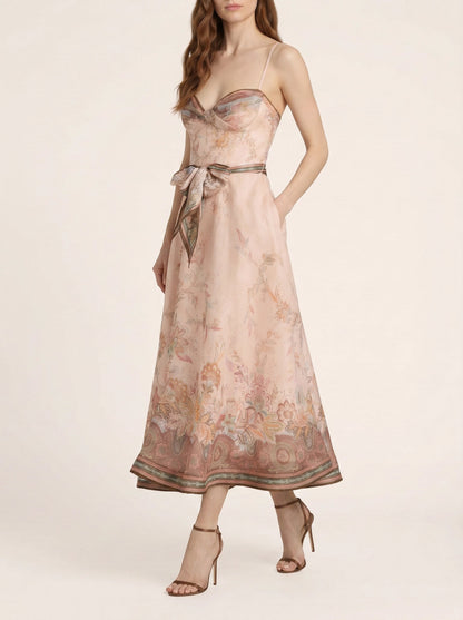 Zimmermann Alchemy structured midi-dress in pink paisley, three-quarter angle on model — The Quiet Edition