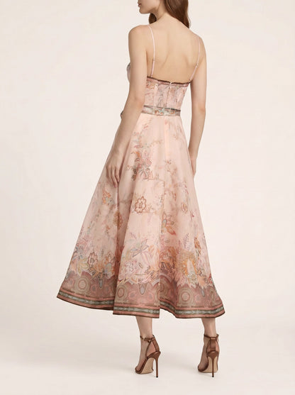 Zimmermann Alchemy structured midi-dress in pink paisley, back view on model — The Quiet Edition