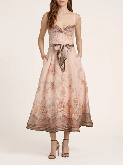 Zimmermann Alchemy structured midi-dress in pink paisley, front view on model — The Quiet Edition