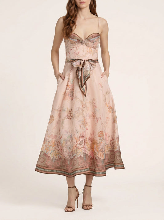 Zimmermann Alchemy structured midi-dress in pink paisley, front view on model — The Quiet Edition