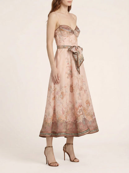 Zimmermann Alchemy structured midi-dress in pink paisley, side view on model — The Quiet Edition