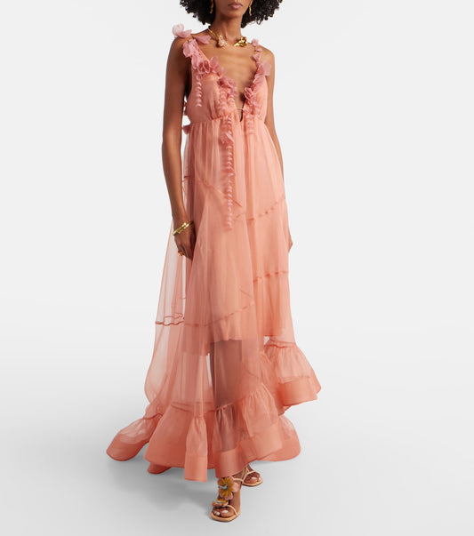 Zimmermann Como Floral-Appliqué Silk Maxi Dress in Pink, back — The Quiet Edition