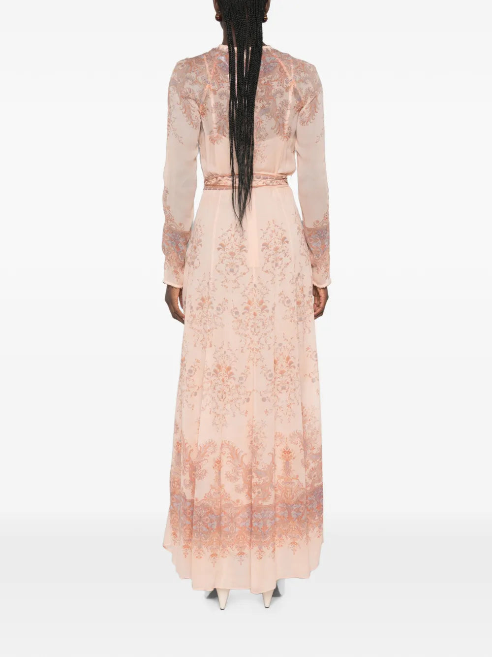 Zimmermann Paisley-Print Belted Dress on a model, rear view of the peach pink paisley print