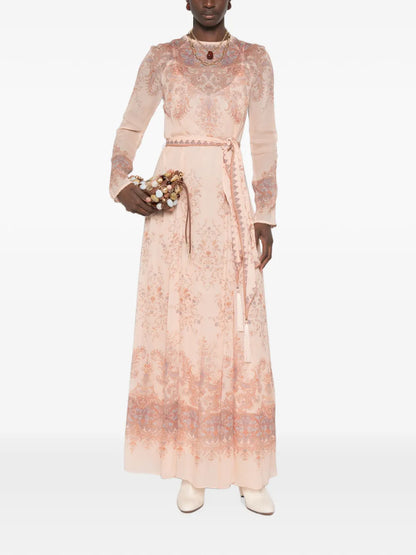 Zimmermann Paisley-Print Belted Dress worn by a model with the waist belt tied at the front