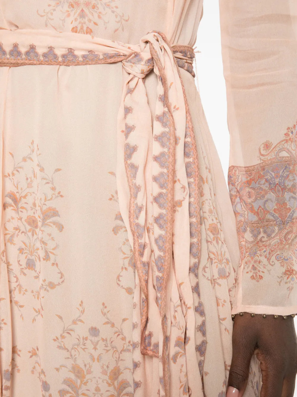 Zimmermann Paisley-Print Belted Dress close-up of the self-tie waist belt and tassel detail