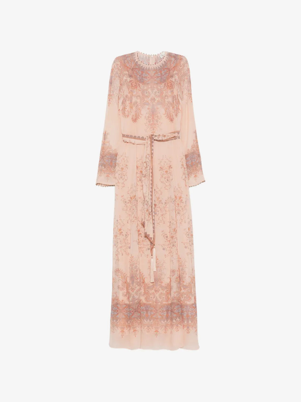 Zimmermann Paisley-Print Belted Dress in peach pink, front view of the full-length silhouette