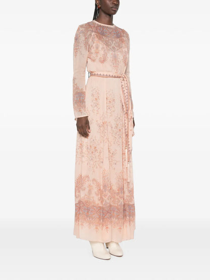 Zimmermann Paisley-Print Belted Dress on a model, side angle showing the sleeves and skirt drape