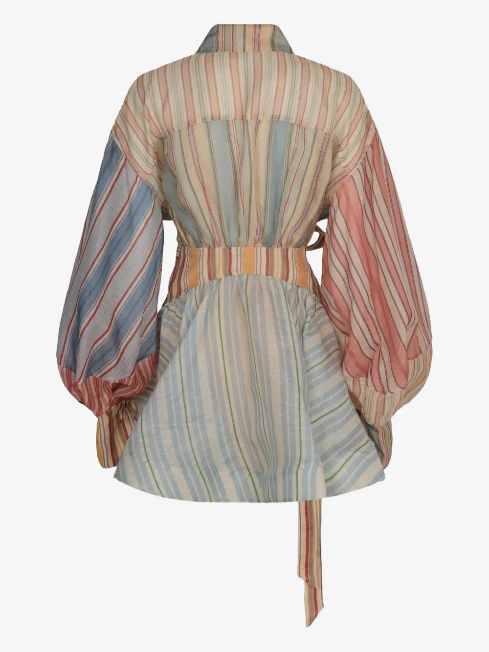 Zimmermann Rebellion Striped Puff-Sleeve Mini Dress rear view showing the belt tie and gathered back
