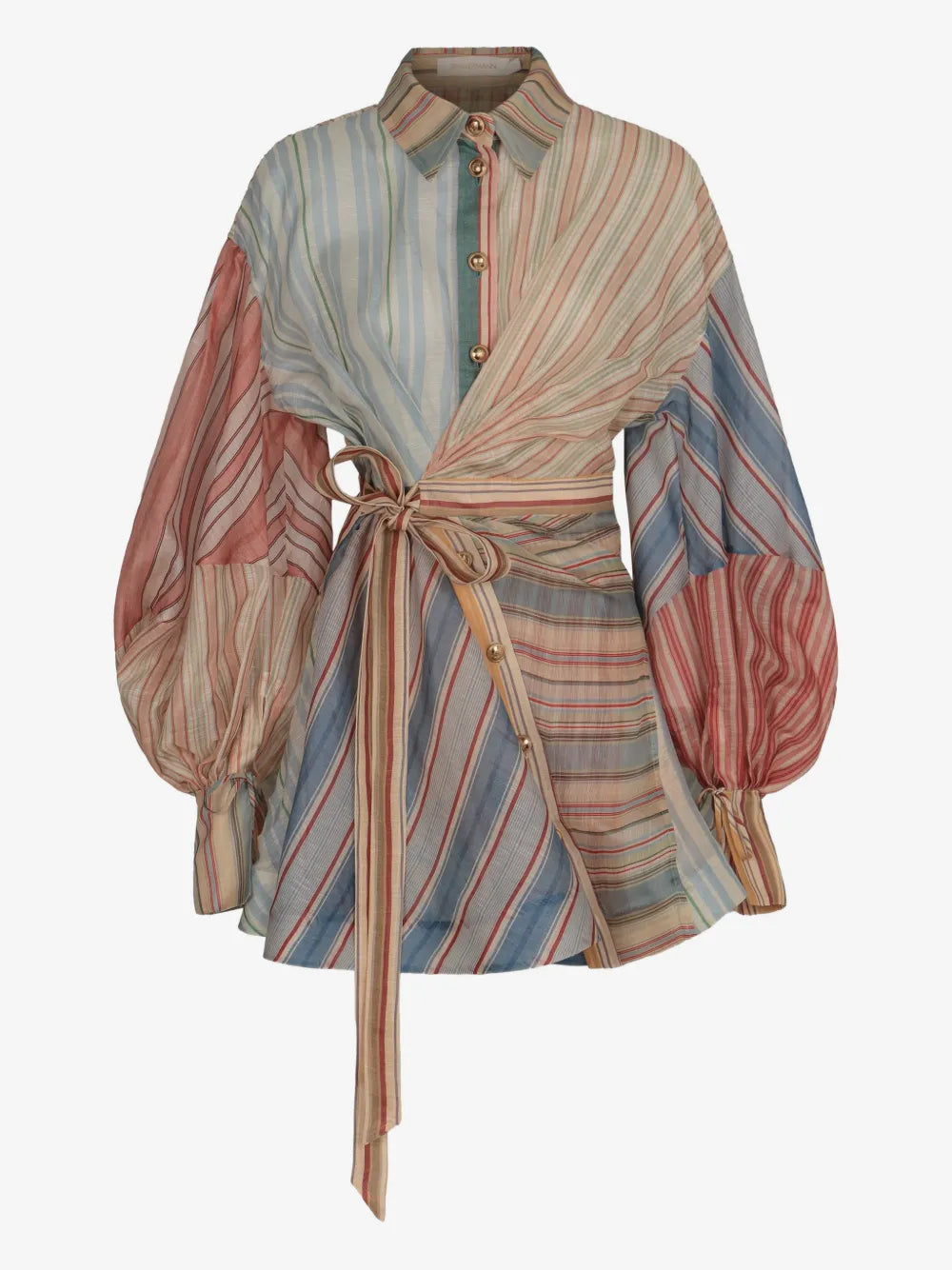 Zimmermann Rebellion Striped Puff-Sleeve Mini Dress front view with tie cuffs and wrap belt