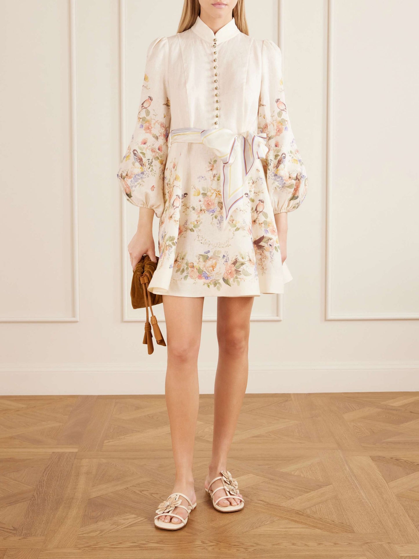 Zimmermann Valiant Belted Floral-Print Linen Mini Dress worn by a model, front view with balloon sleeves