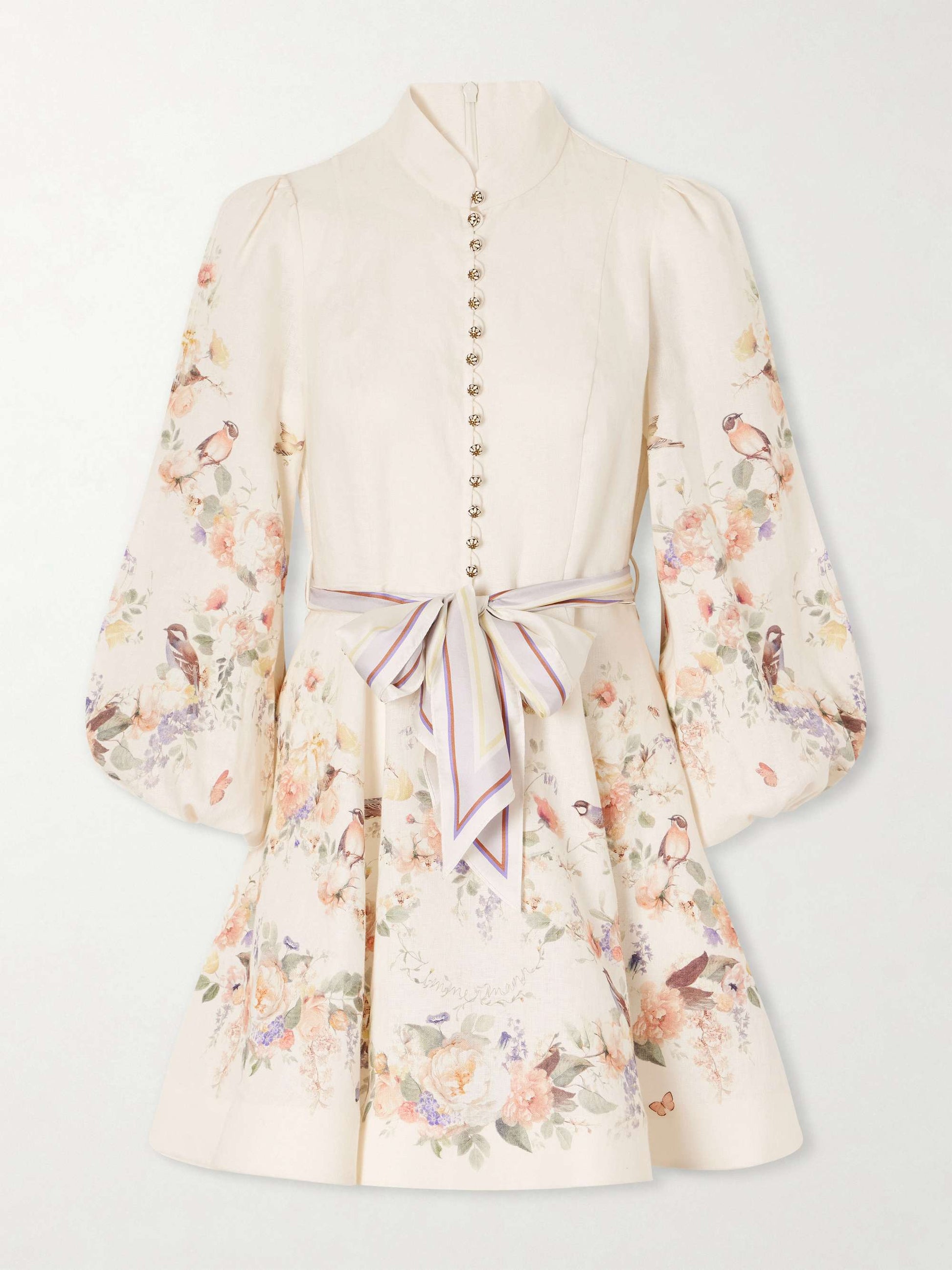 Zimmermann Valiant Belted Floral-Print Linen Mini Dress in cream, flat front view with silk belt tied in a bow