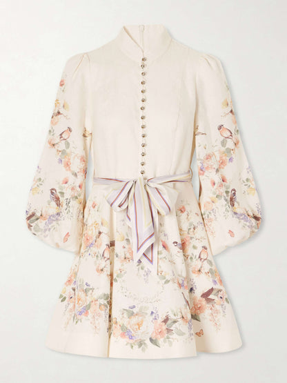 Zimmermann Valiant Belted Floral-Print Linen Mini Dress in cream, flat front view with silk belt tied in a bow